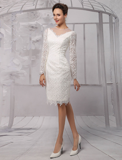 Simple Wedding Dresses 2021 Short Long Sleeve Illusion Neckline Koyhole Knee Length Sheath Bridal Dress Exclusive-newarrivaldress