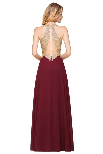 Elegant Aline Chiffon Long Evening Dress Sleeveless Gold Appliques Wedding Party Dress-newarrivaldress