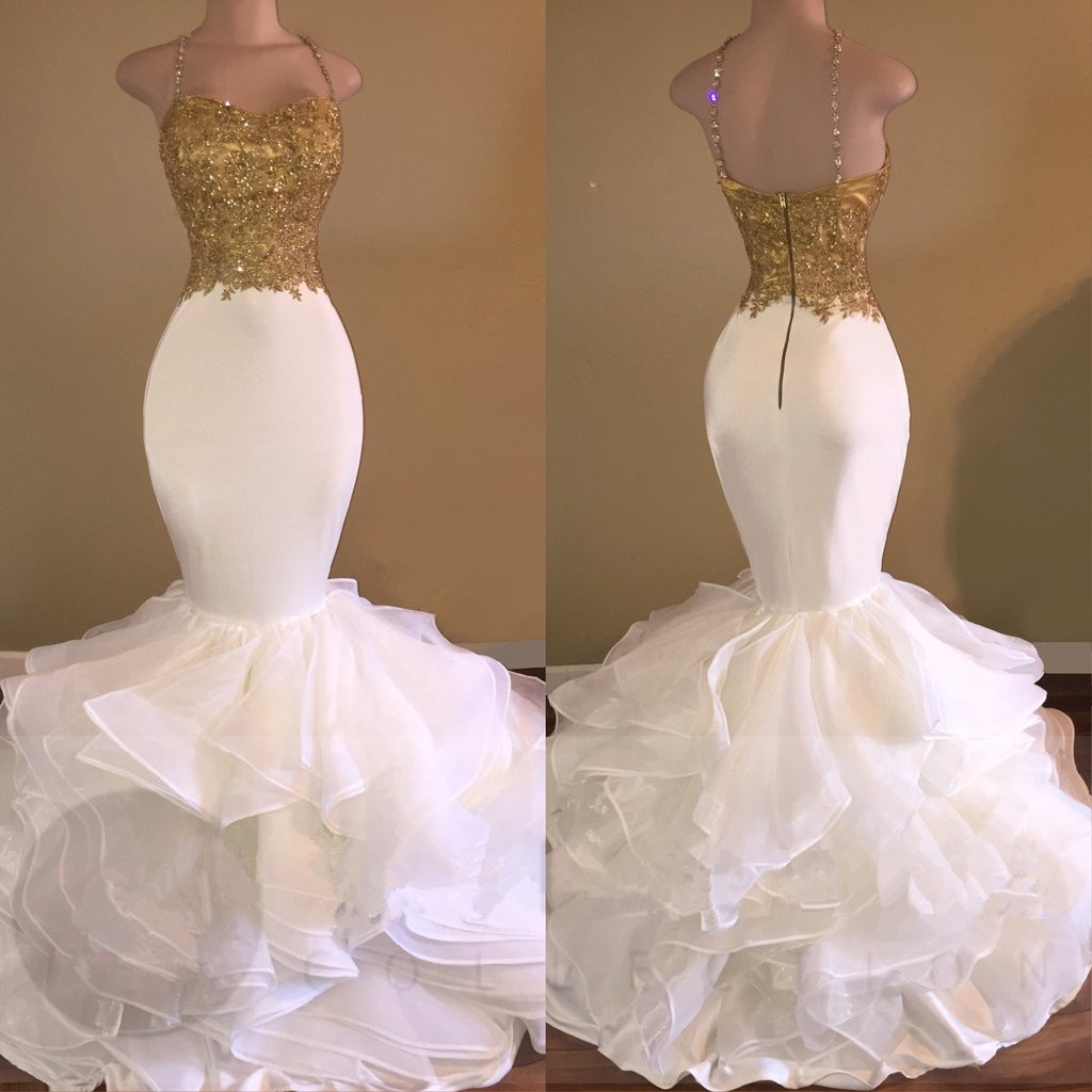 Mermaid Spaghetti Straps Evening Gowns | Lace Appliques Sleeveless Ruffles Prom Dresses-newarrivaldress