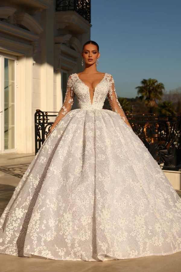 Luxury Long Sleeves Ball Gown Deep V-Neck Flower Pearls Wedding Dress-newarrivaldress