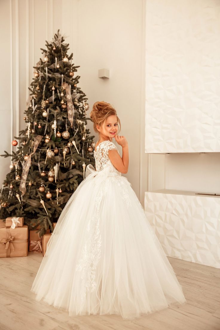 Cap Sleeves Lace Little Girl Dress Christmas Party White Princess Dress-newarrivaldress