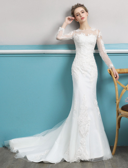 Mermaid Wedding Dresses Long Sleeve Ivory Lace Illusion Train Bridal Gowns-newarrivaldress