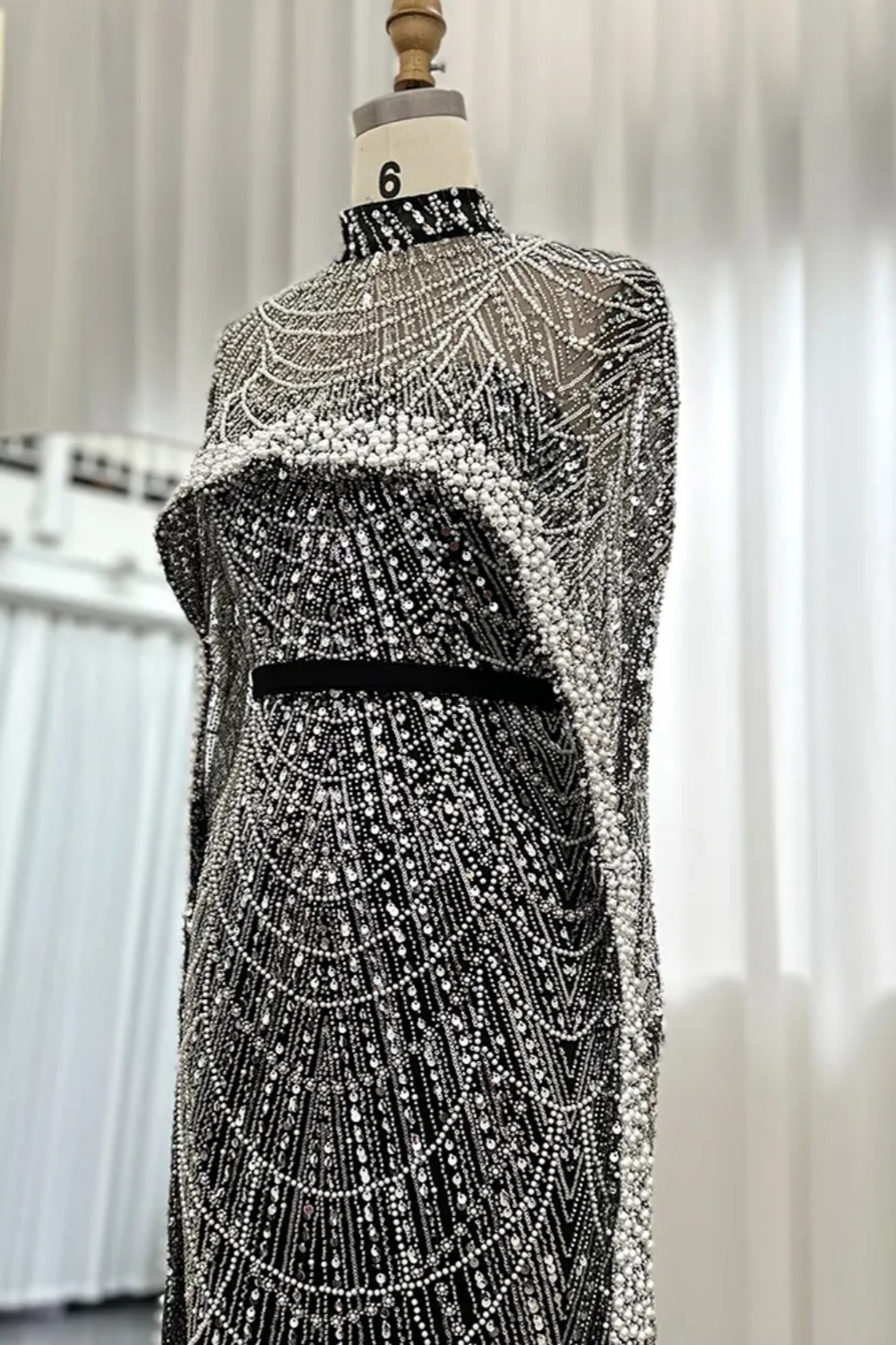 Luxury Sequins Dubai Mermaid Evening Dress with Cape Glitter Pearls Floor Length Party Dress-newarrivaldress