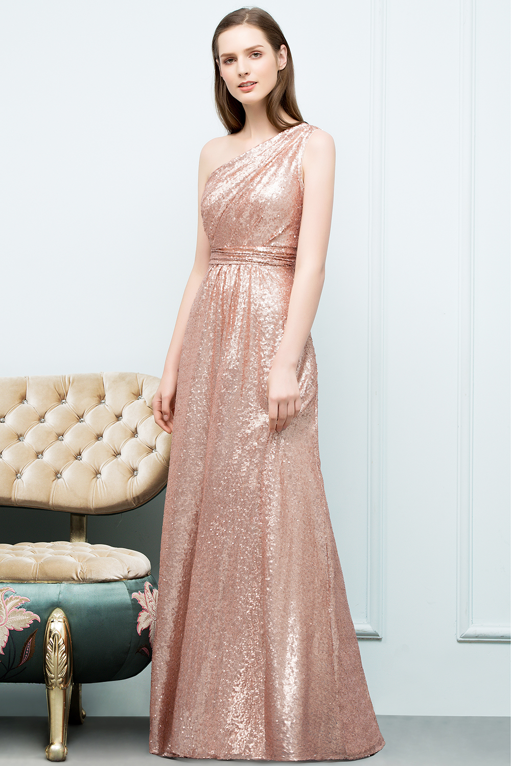 JOURNEE | A-line One-shoulder Sleeveless Floor Length Sequins Prom Dresses-newarrivaldress