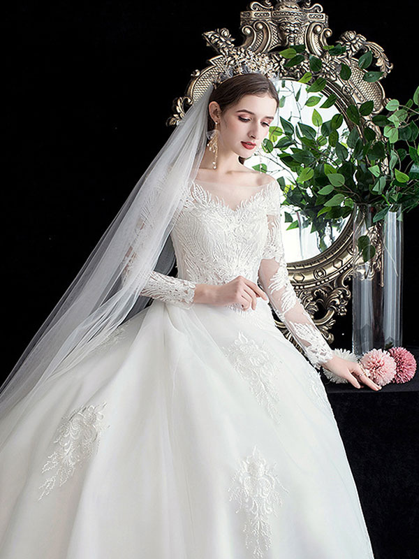 White Wedding Dress Ball Gown Cathedral Train Jewel Neck 3/4 Length Sleeves Natural Waist Applique Satin Fabric Bridal Dresses-newarrivaldress