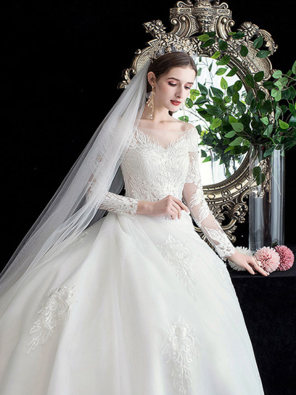 White Wedding Dress Ball Gown Cathedral Train Jewel Neck 3/4 Length Sleeves Natural Waist Applique Satin Fabric Bridal Dresses-newarrivaldress