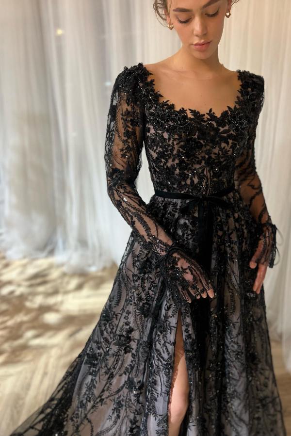 Elegant Black Sequins Aline Evening Dress with Sleeves-newarrivaldress
