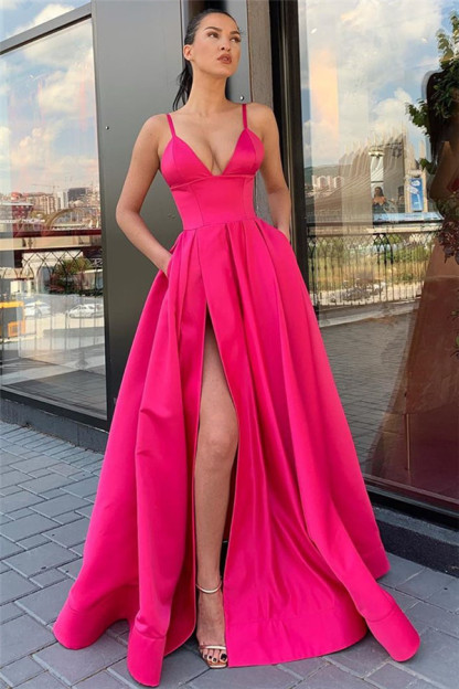 Spaghetti Straps Sexy Side Slit Formal Dresses | Sleeveless Open Back Long Evening Gowns-newarrivaldress