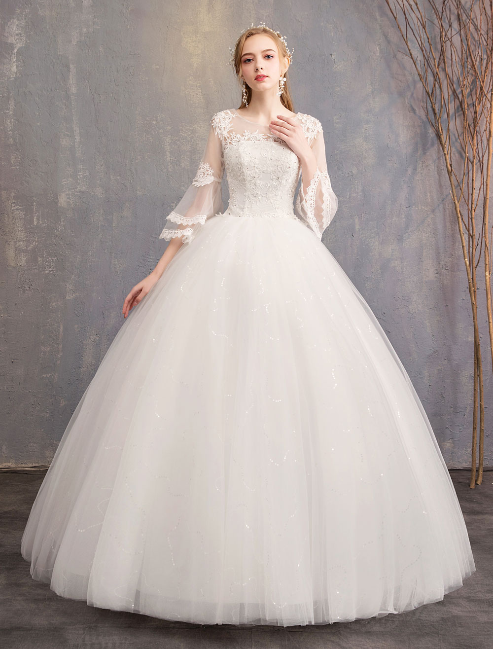 Ball Gown Wedding Dresses Tulle Jewel 3/4 Length Sleeve Floor Length Princess Bridal Gown-newarrivaldress