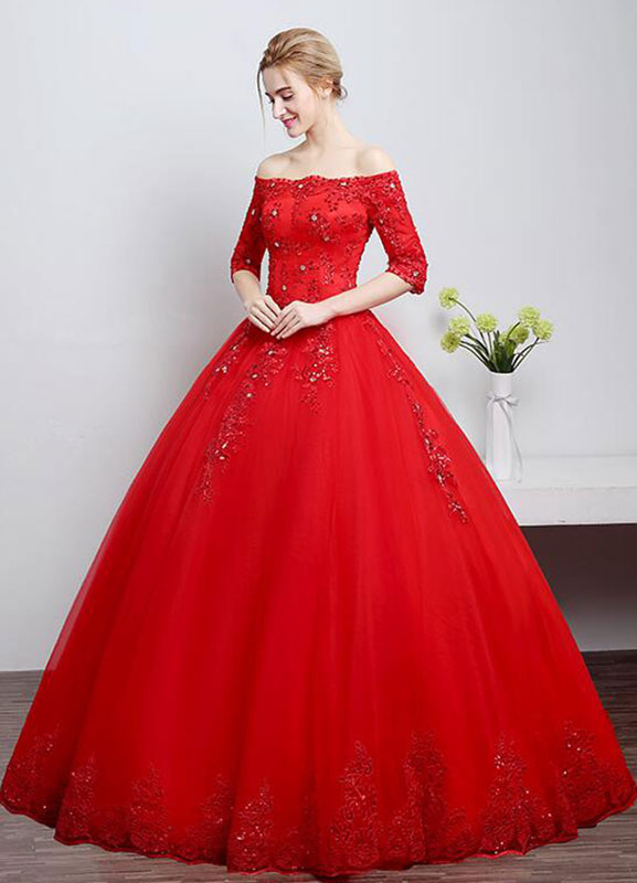 Lace Wedding Dress Off The Shoulder Ivory A Line Lace Up Half Sleeve Sequined Floor Length Bridal Dress-newarrivaldress