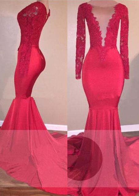 Long Sleeve Red Evening Gowns | Lace Appliques Mermaid Prom Dresses-newarrivaldress