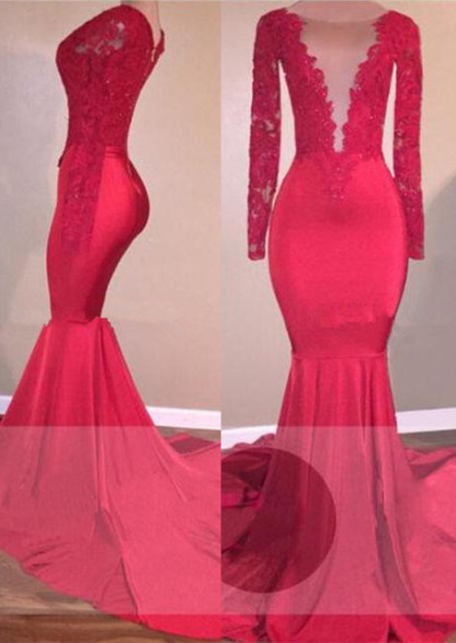 Long Sleeve Red Evening Gowns | Lace Appliques Mermaid Prom Dresses-newarrivaldress