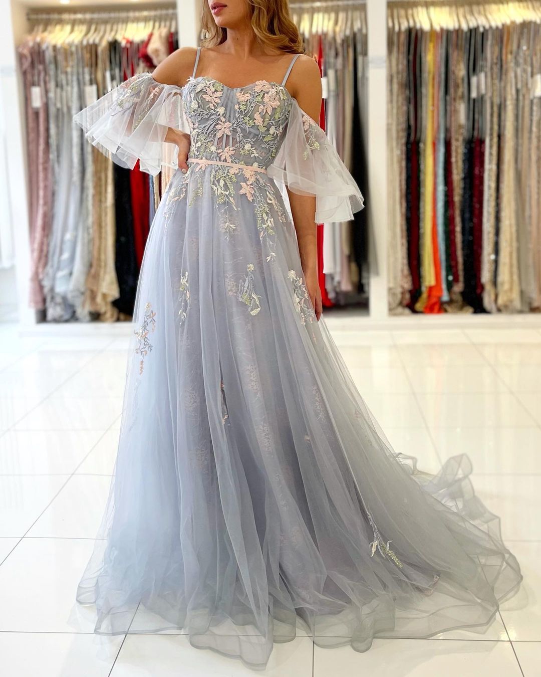 Charming Off Shoulder Tulle Evening Gown Floral Party Dress-newarrivaldress