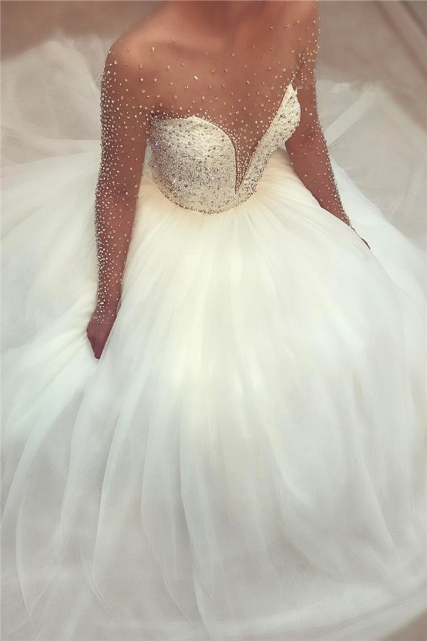 Tulle Beads Sequins Wedding Dress with Sleeves-newarrivaldress