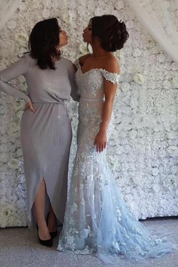 Elegant Off-the-Shoulder Lace Tulle Prom Dress Long Mermaid Evening Dress-newarrivaldress