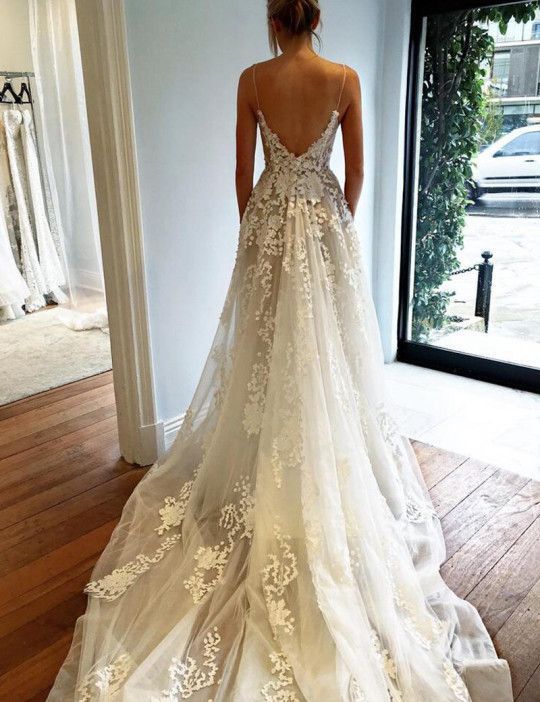Tulle New Arrival A-line Lace Applique Spaghetti Strap Elegant Wedding Dresses-newarrivaldress