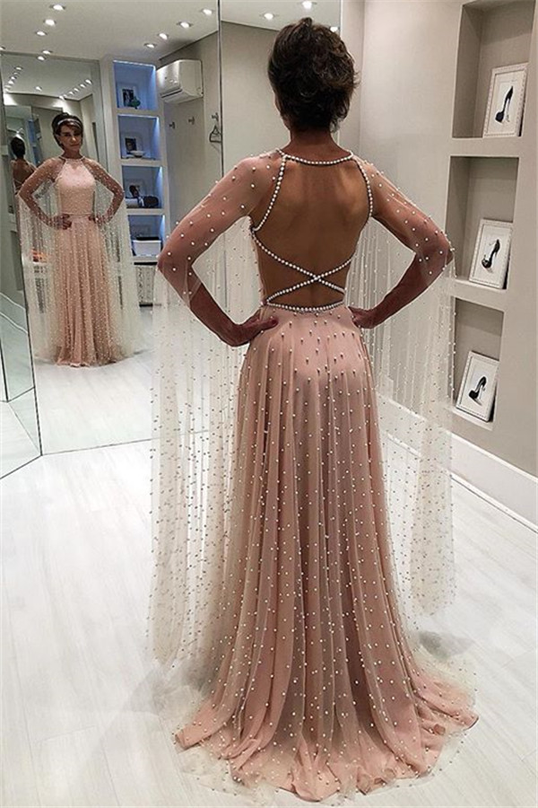 Glamorous Pink Sheer-Tulle Backless Beading Prom Dress-newarrivaldress