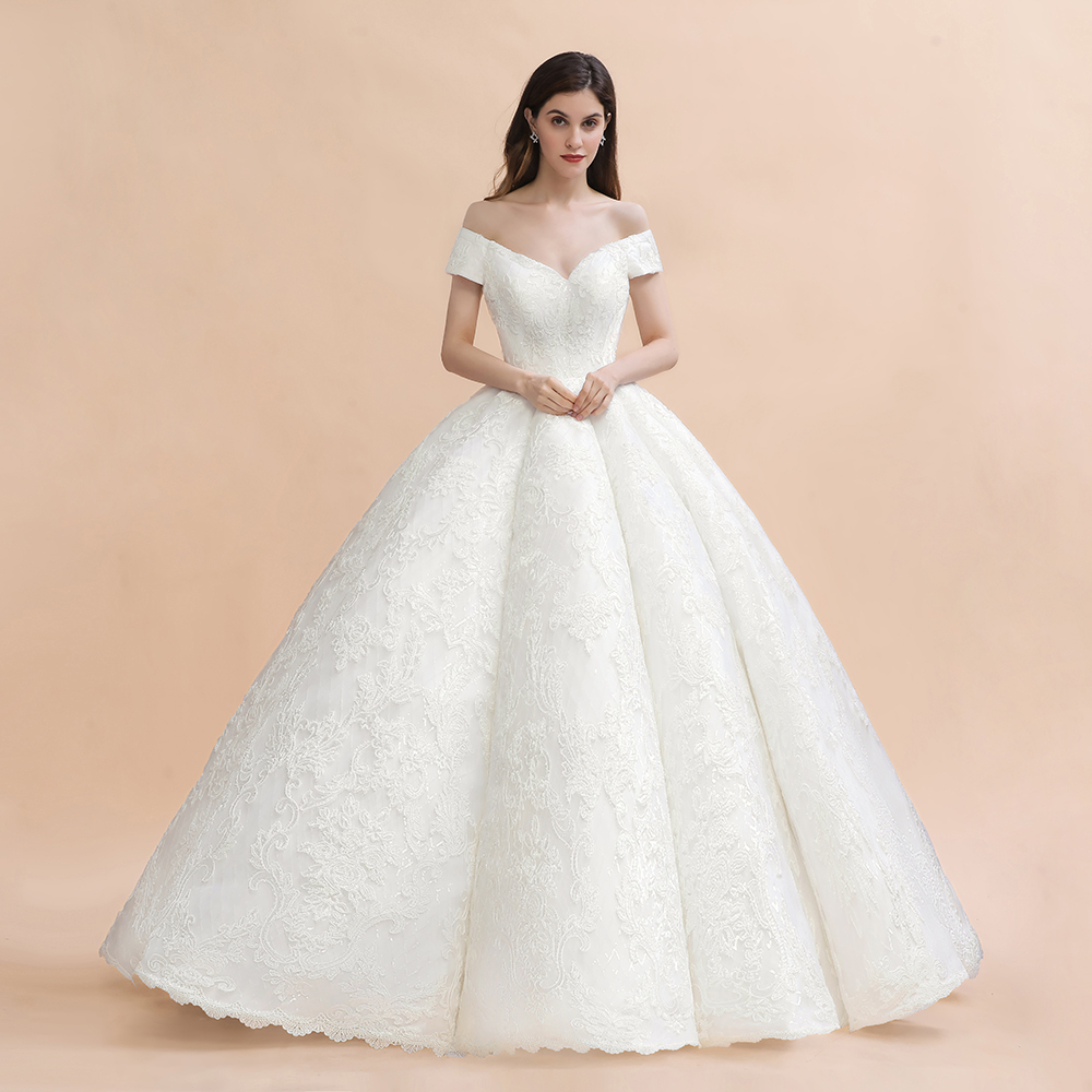 Charming Off-the-Shoulder Appliques Ball Gown Backless Sweep Train-newarrivaldress