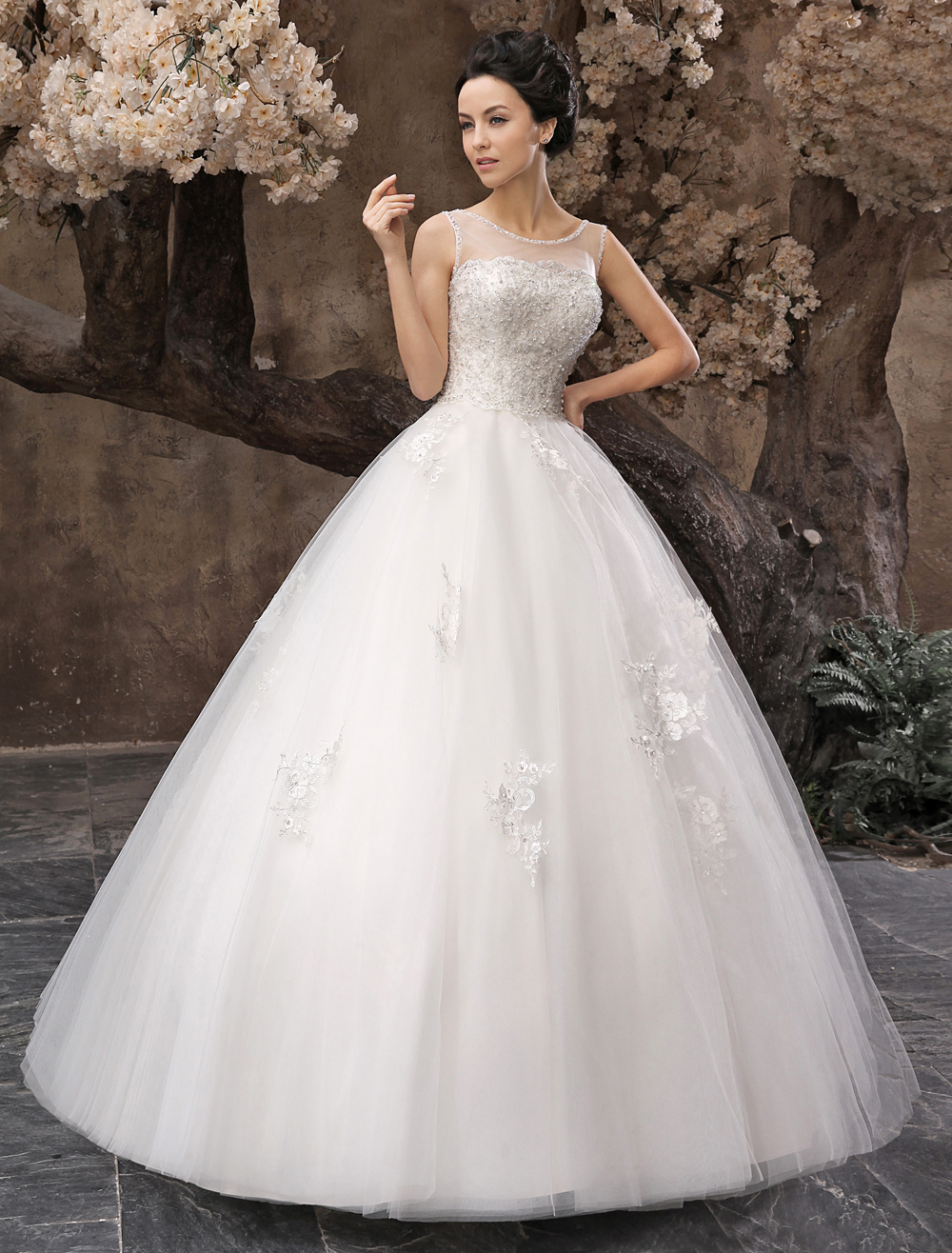 White Ball Gown Jewel Neck Beading Floor-Length Bridal Wedding Dress-newarrivaldress