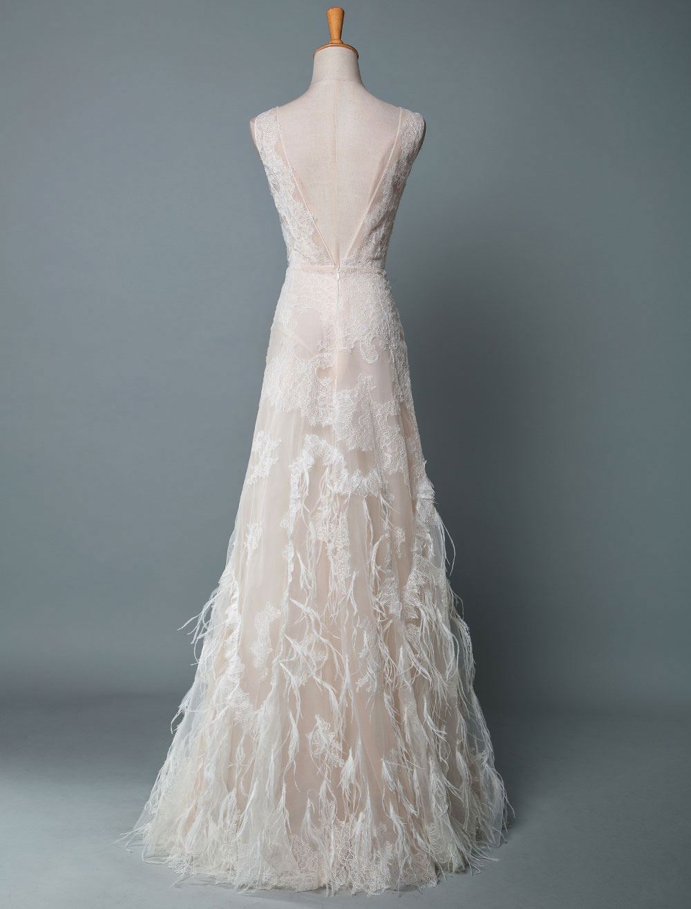 Simple Wedding Dress Lace A Line V Neck Sleeveless Beaded Floor Length Feather Bridal Gowns-newarrivaldress
