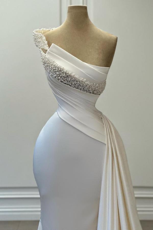 One Shoulder White Ruched Satin Long Evening Dress with Side Sweep Train