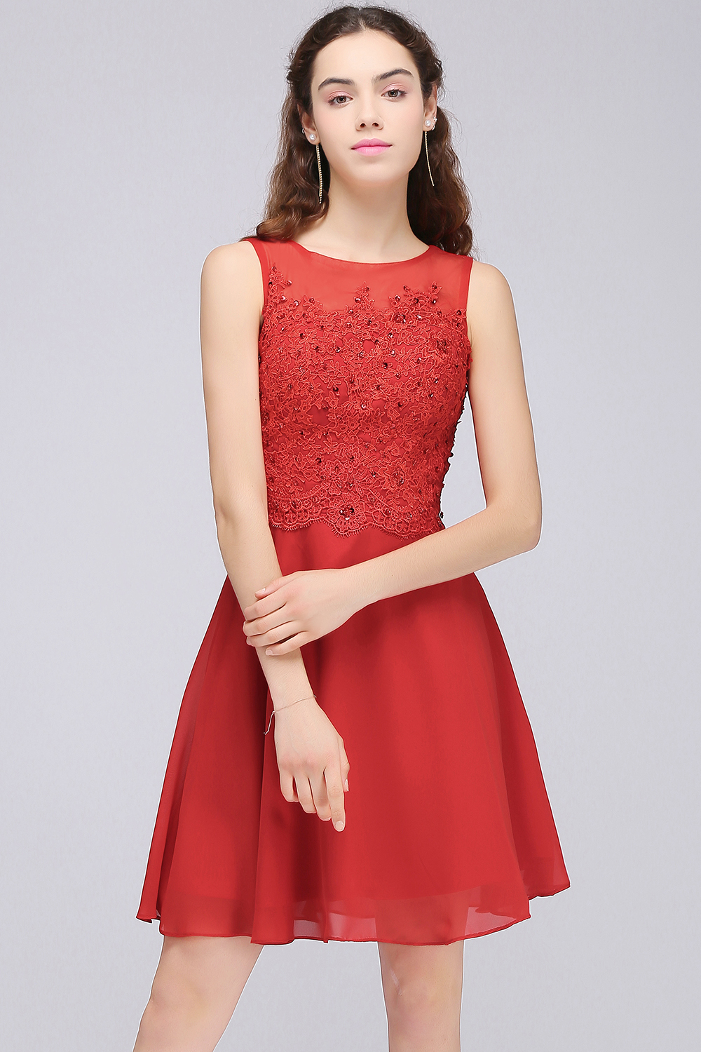 CASEY | A-line Short Chiffon Red Homecoming Dresses with Lace Appliques-newarrivaldress