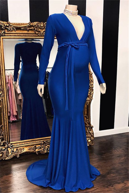 Glamorous Long Sleeve V-Neck Pregnant Mermaid Long Prom Dresses-newarrivaldress