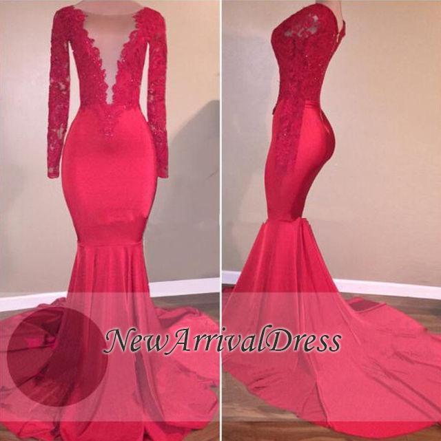 Long Sleeve Red Evening Gowns | Lace Appliques Mermaid Prom Dresses-newarrivaldress