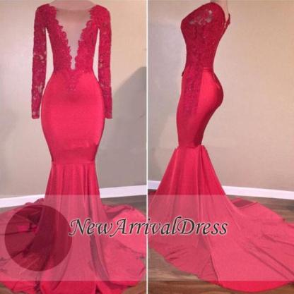 Long Sleeve Red Evening Gowns | Lace Appliques Mermaid Prom Dresses-newarrivaldress