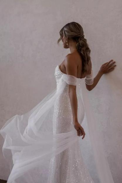 Off-the-Shoulder Sequins Wedding Dress side Split Design-newarrivaldress