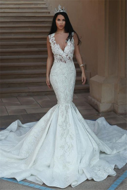 Elegant V-Neck Sleeveless Wedding Dresses | Mermaid Lace Bridal Gowns with Buttons BA9550-newarrivaldress