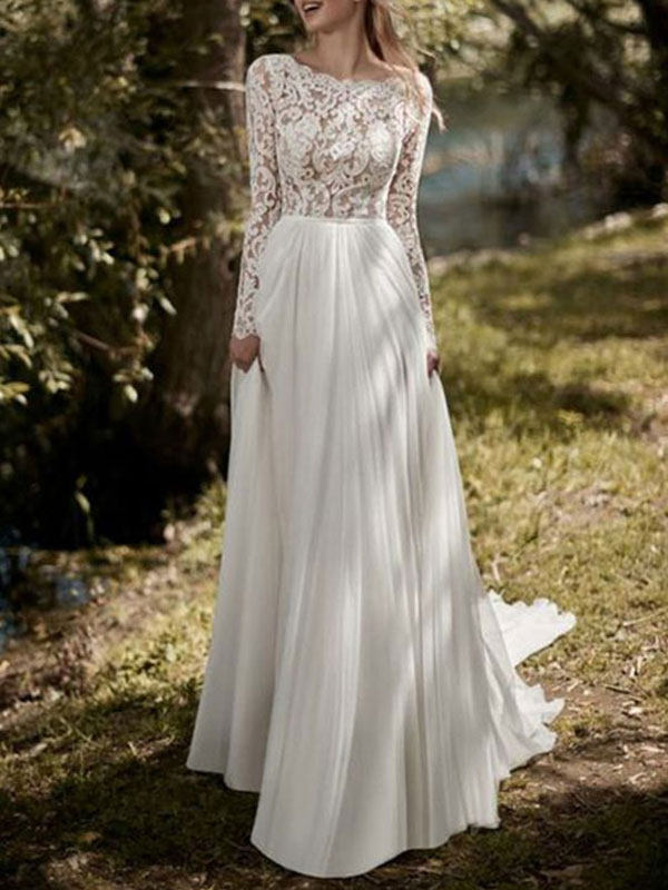 Boho Wedding Dresses 2021 Jewel Neck Long Sleeve A Line Floor Length Chffion Bridal Dress For Beach Wedding-newarrivaldress