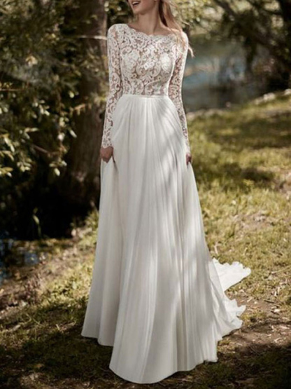 Boho Wedding Dresses 2021 Jewel Neck Long Sleeve A Line Floor Length Chffion Bridal Dress For Beach Wedding-newarrivaldress