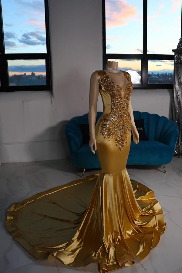Stunning Crystals Mermaid Prom Dress V-Neck Long Sleeves Satin Bodycon Party Dress-newarrivaldress