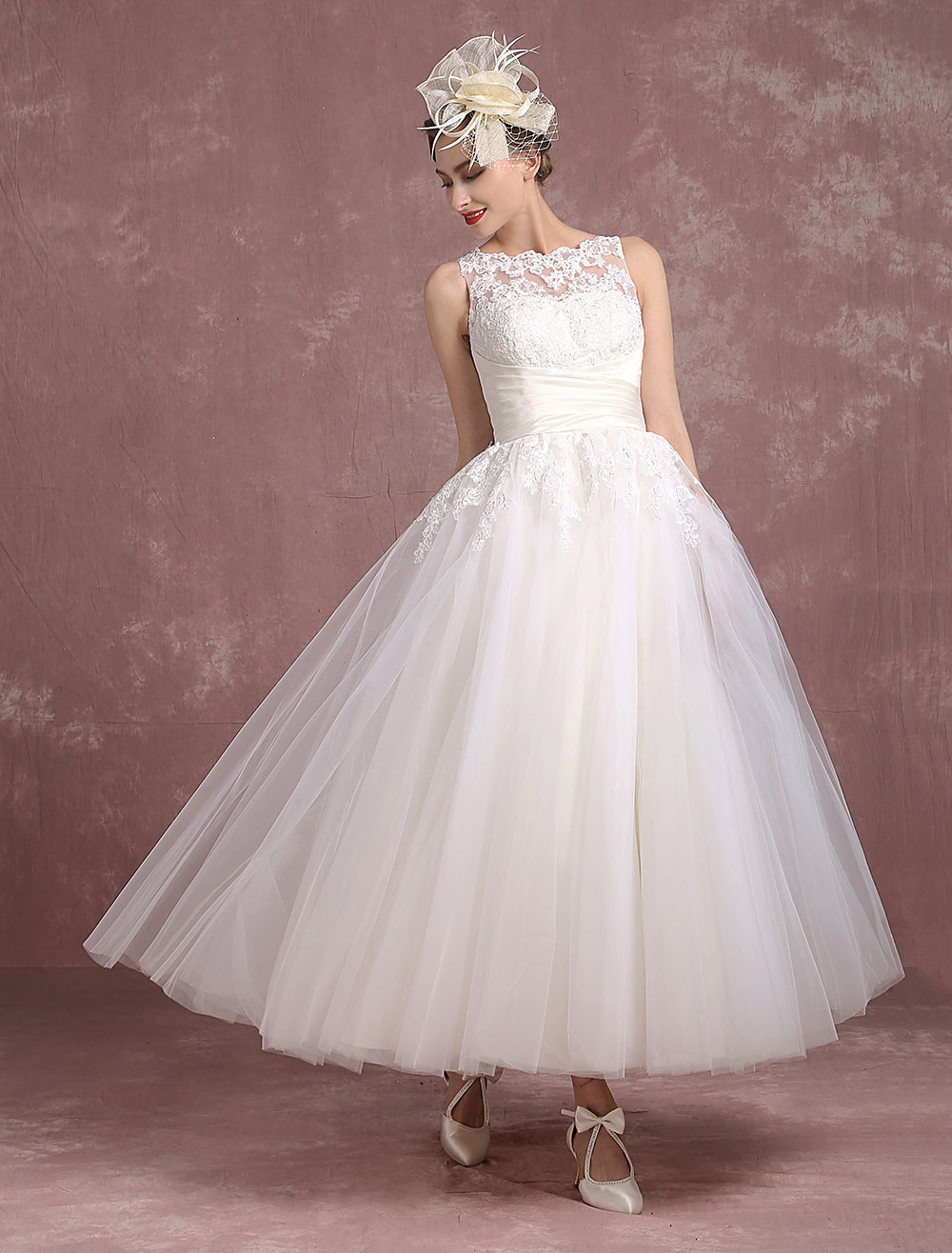 navy blue dress for baby girl A-Line Ankle Length Lace Tulle Sleeveless Wedding Dress COCOMELODY CW3020, 25 Days / As Picture:Ivory/Nude / US16-UK18-EUR46 main image 1