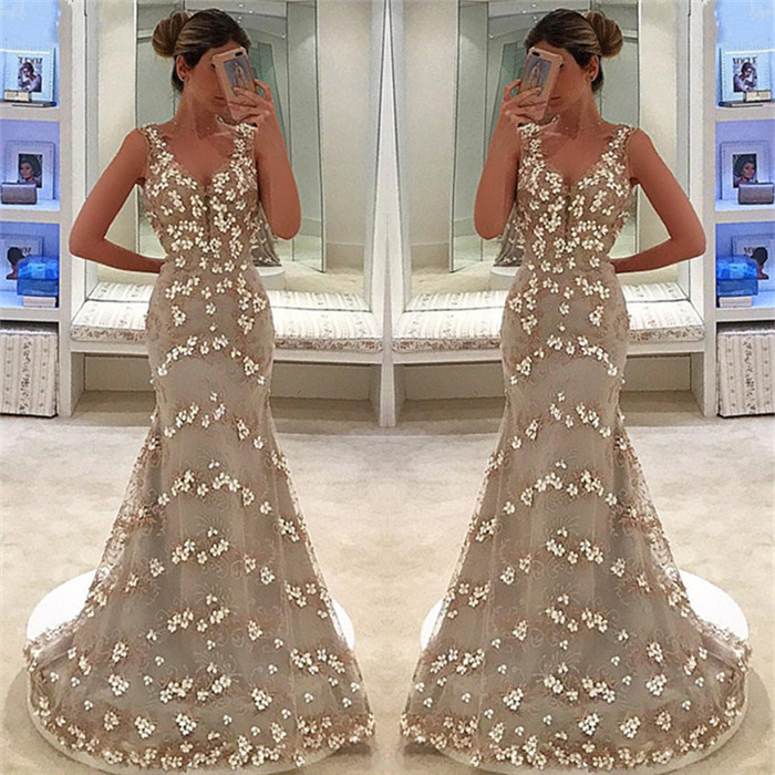 Mermaid Appliques Sleeveless Straps V-Neck Long Prom Dress-newarrivaldress