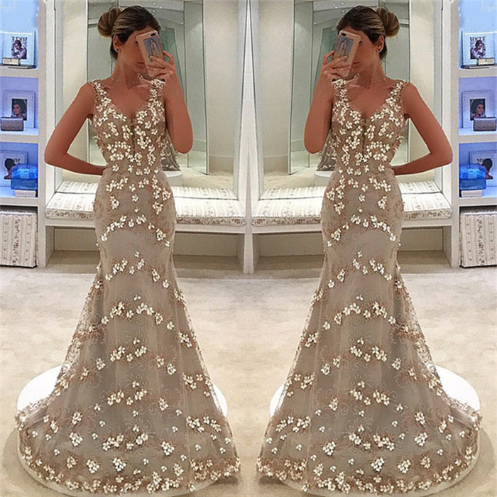 Mermaid Appliques Sleeveless Straps V-Neck Long Prom Dress-newarrivaldress