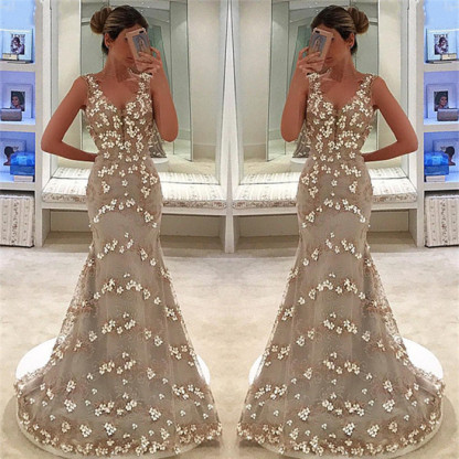 Mermaid Appliques Sleeveless Straps V-Neck Long Prom Dress-newarrivaldress