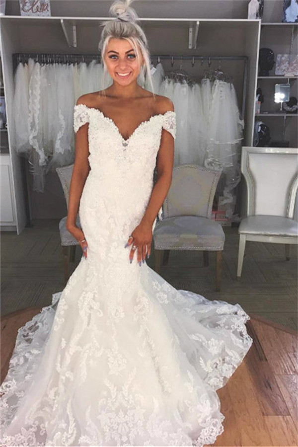 Elegant Lace Appliques Off The Shoulder Wedding Dresses | See Through Sleeveless Bridal Gowns-newarrivaldress