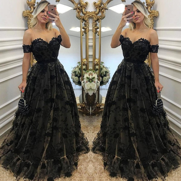 Sexy Black Lace Neck Applique Short Sleeves Long Formal Prom Dresses-newarrivaldress