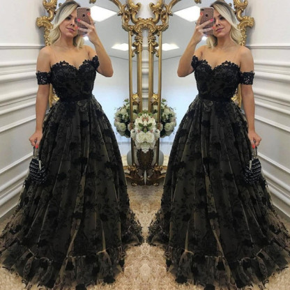 Sexy Black Lace Neck Applique Short Sleeves Long Formal Prom Dresses-newarrivaldress
