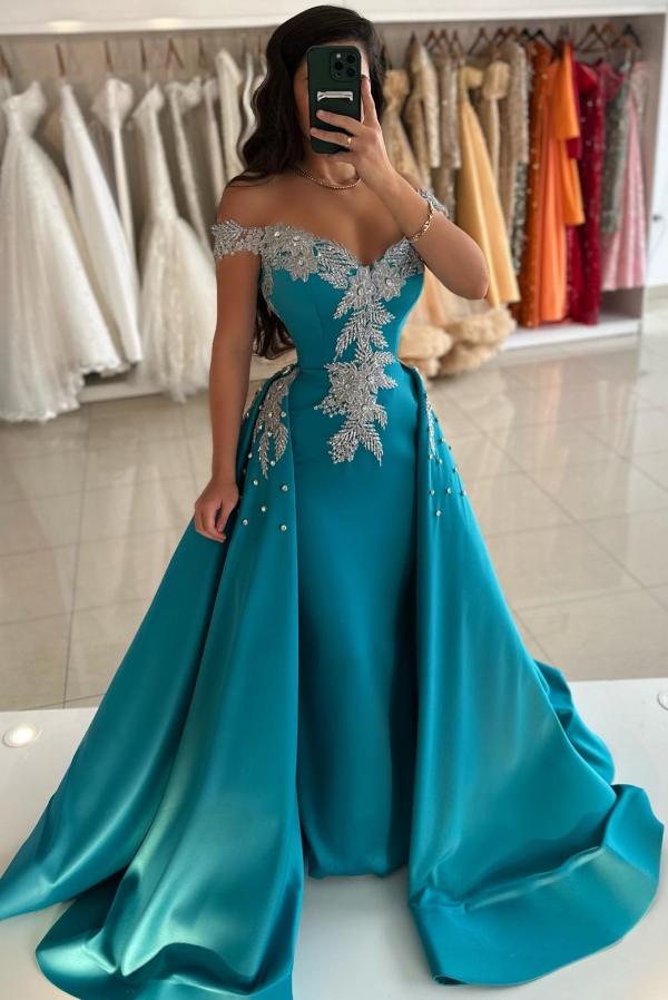 Glamorous Off-the-Shoulder Satin Mermaid Evening Gown Pearls with Train-newarrivaldress