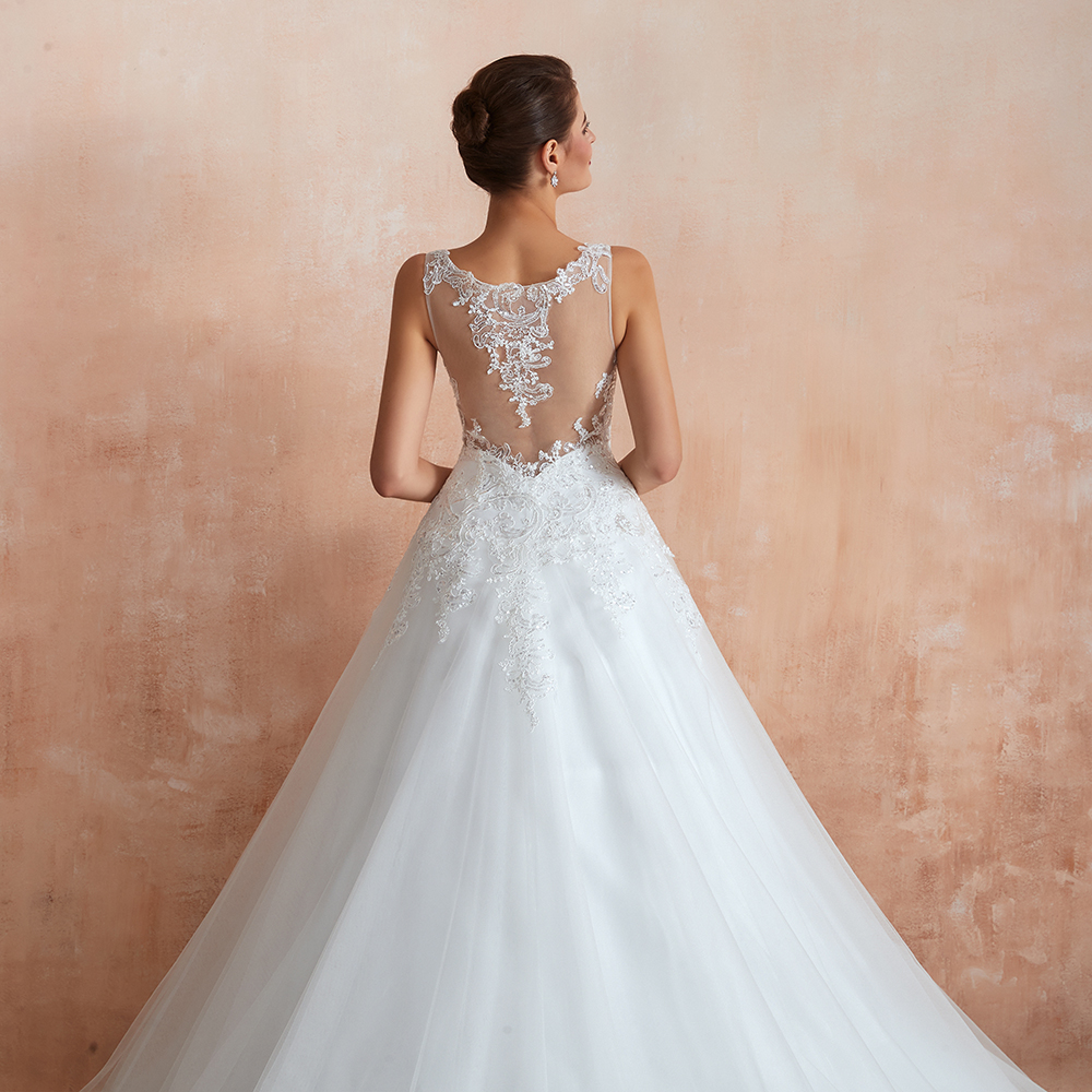 White Floral Lace Wedding Dress V-NeckTulle Aline Bridal Dress-newarrivaldress