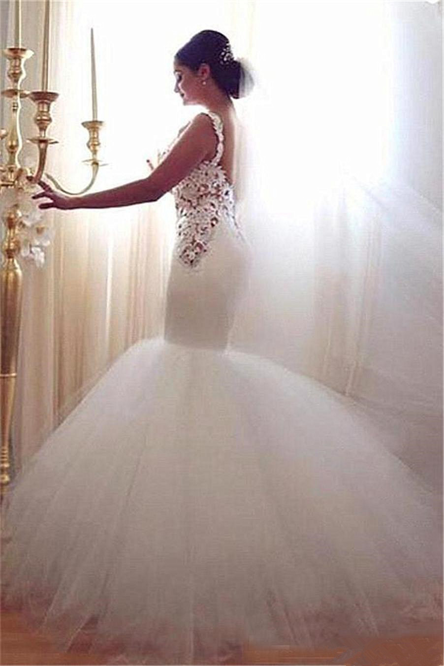 Lace Appliques V-Neck Sexy Mermaid Wedding Dresses Online Sleeveless Tulle Bridal Gowns-newarrivaldress