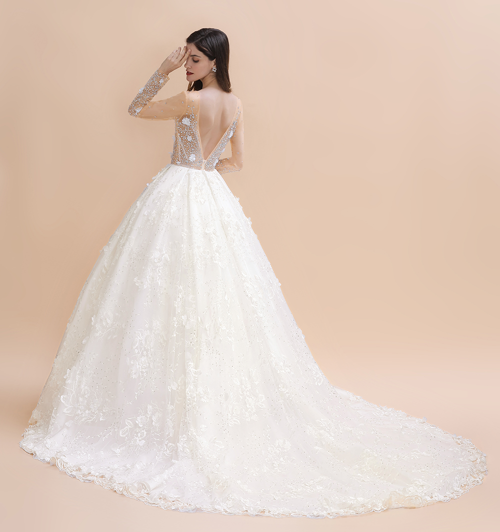 Gorgeous Scoop Neck Wedding Dress Long Sleeves Glitter Floral Lace Aline Bridal Dress-newarrivaldress