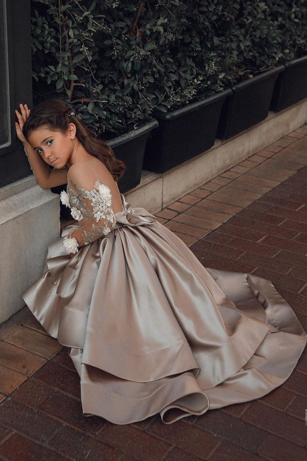 Cute High Low Satin See-through Back Lace Appliques Bow Flower Girl Dress-newarrivaldress