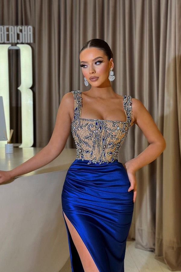 Square Neck Glitter Appliques Mermaid Prom Dress Royal Blue Ruched Satin Long Evening Dress-newarrivaldress