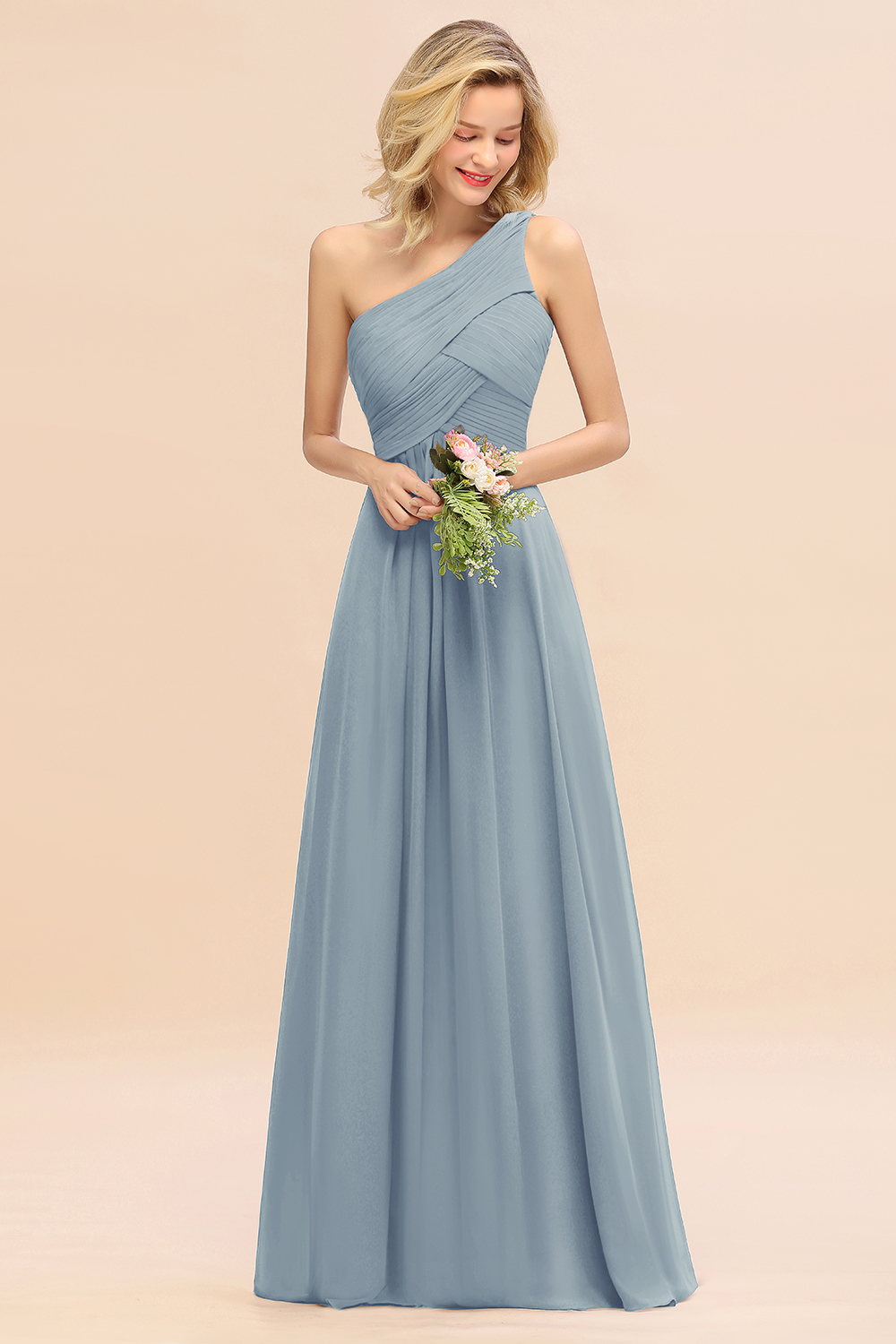 Elegant Ruched Chiffon One Shoulder Bridesmaid Dress Long Sleeveless Evening Dress-newarrivaldress