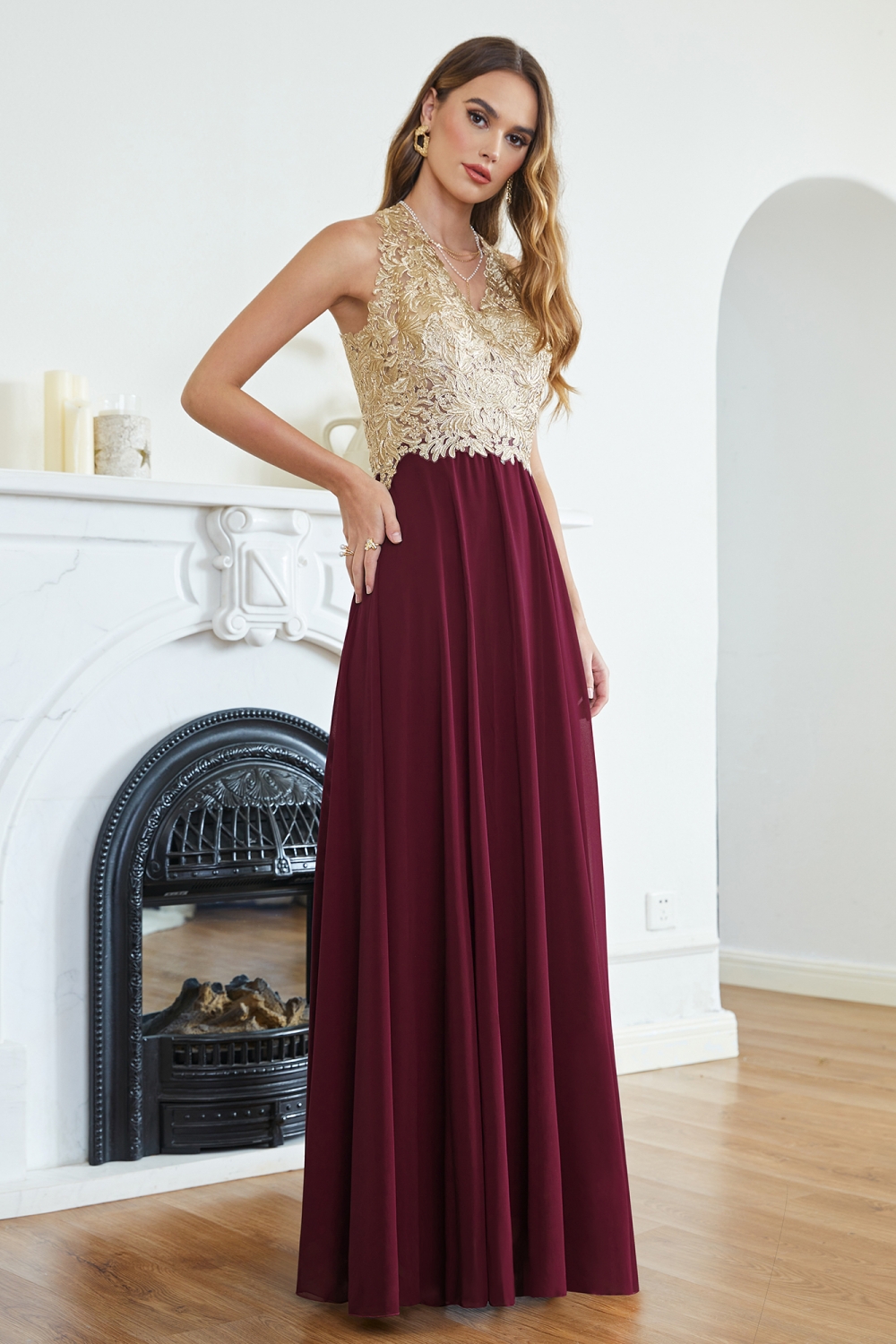 Chiffon Long Evening Dress Sleeveless Gold Appliques Floor Length Bridesmaid Dress V-neck-newarrivaldress