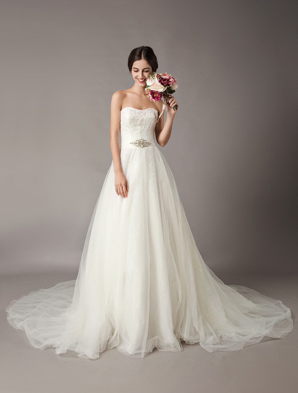 Wedding Dresses Ivory Strapless Lace Beaded Chapel Train Bridal Gowns-newarrivaldress